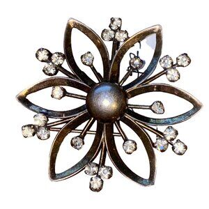 Vintage Rhinestone Flower Brooch Pin Sterling Silver 925 About 2 Inches